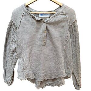 Big Water Blue Sky Top Textured Distressed Cotton 1/4 Button-Up Long Sleeve‎ SM